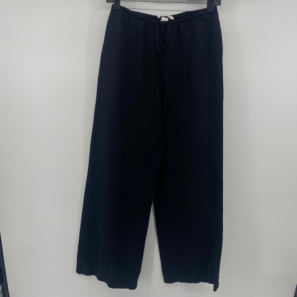 H&M Linen Blend Pants Womens XS Black Drawstring Elastic Waist Wide Leg Trousers